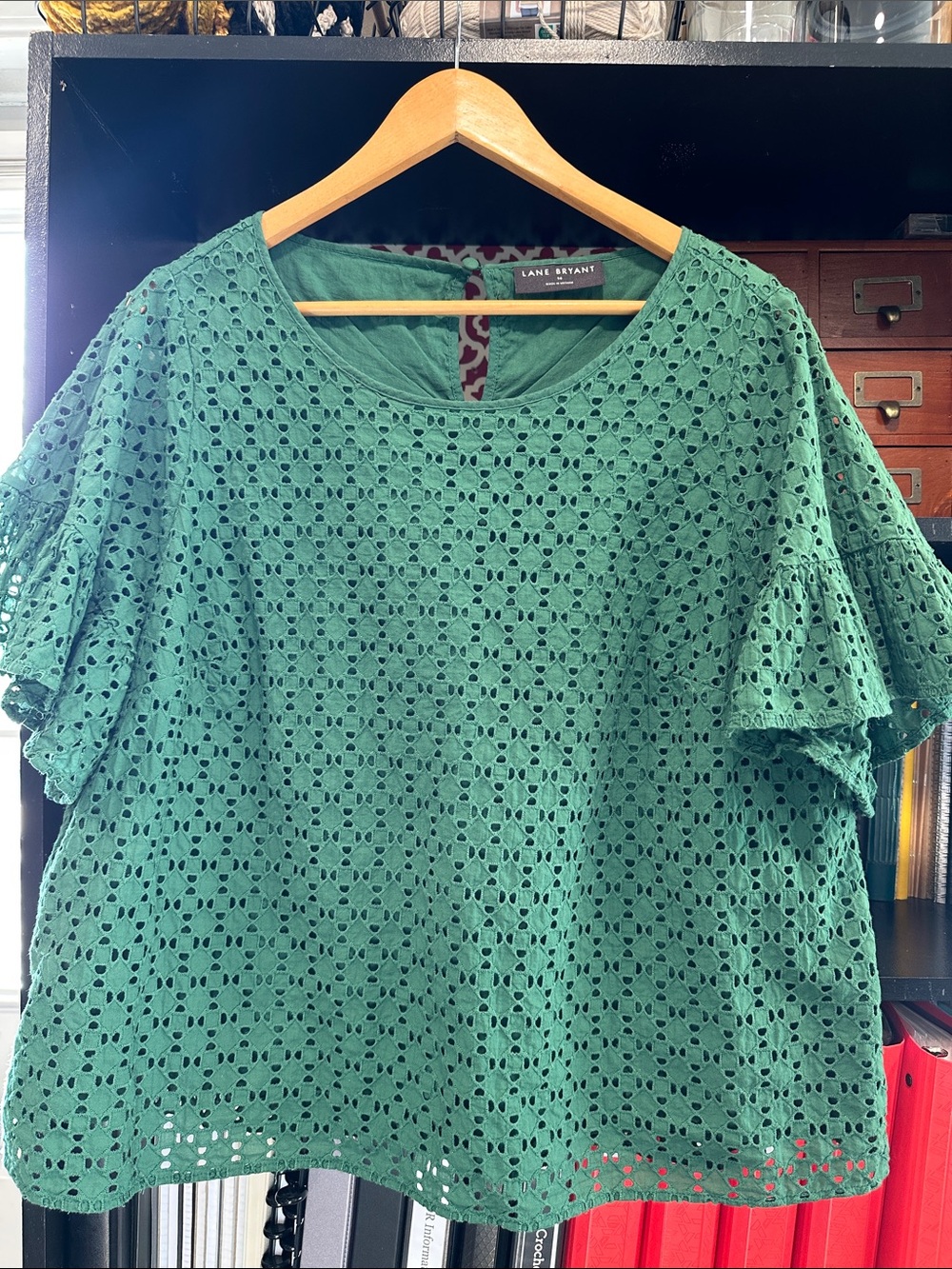Lane Bryant Emerald Green Eyelet Ruffle Sleeve Top